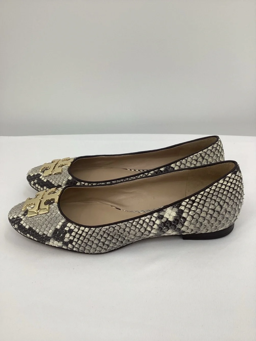 Tory Burch Georgia Snake-Print Ballet Flats with Gold Logo